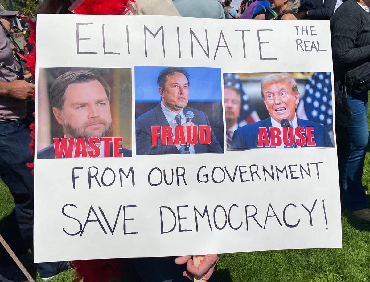 Eliminate waste (picture of Vance), fraud (picture of Musk), abuse (picture of Trump) from our government. SAVE DEMOCRACY!